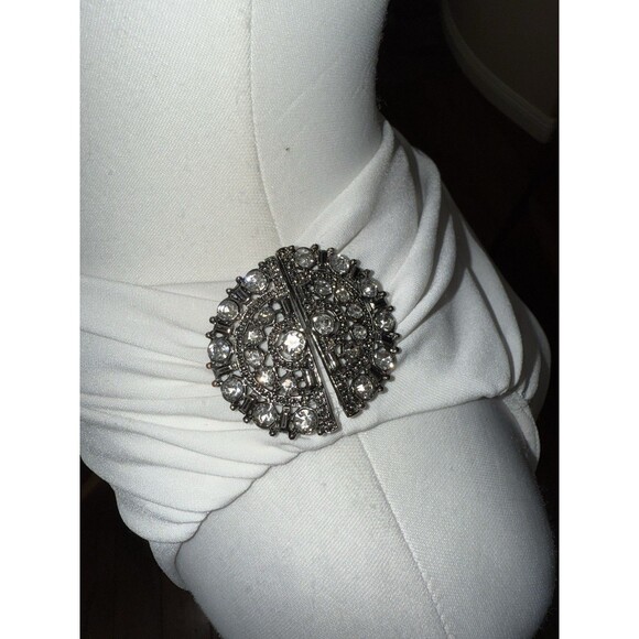 Lauren Ralph Lauren White Ruched One Shoulder Gown Crystal Brooch 2P Petite - Picture 6 of 15